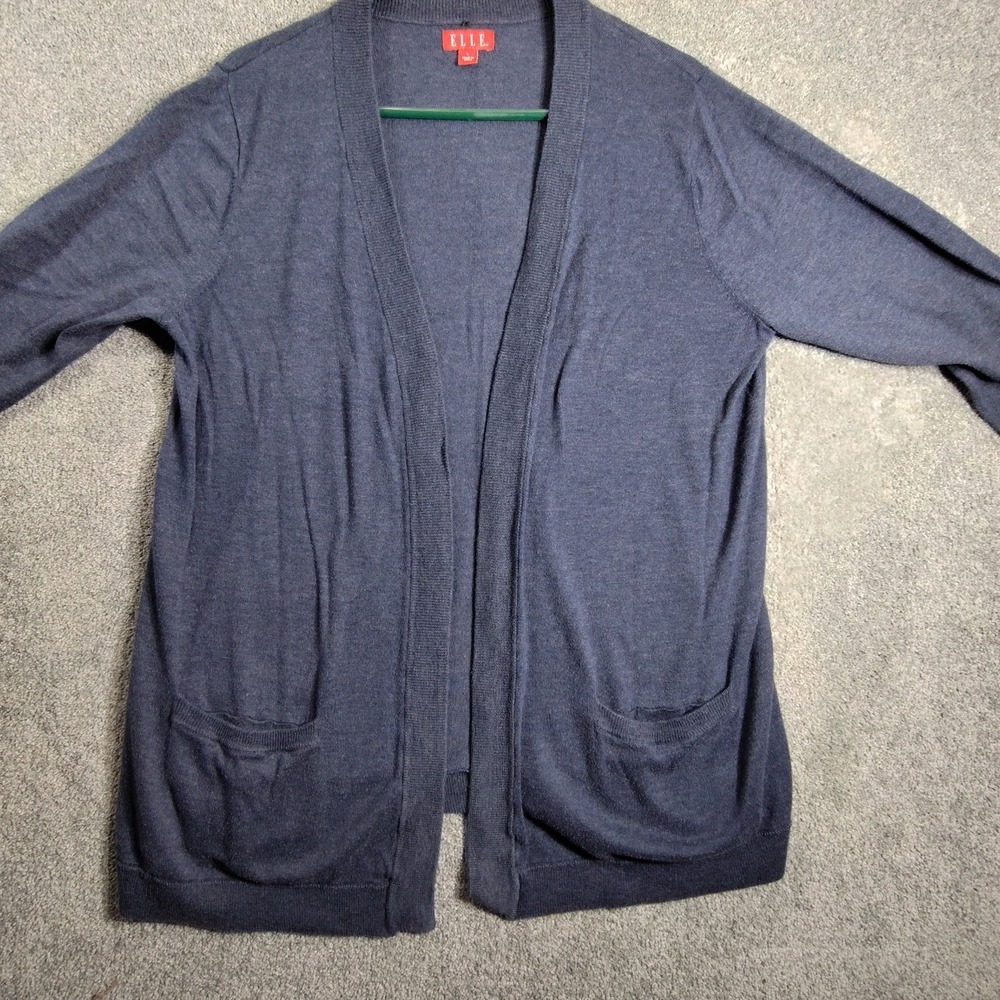Elle Womens Knit Cardigan Long Sleeve Open Front Pocket Size L Navy Blue Casual